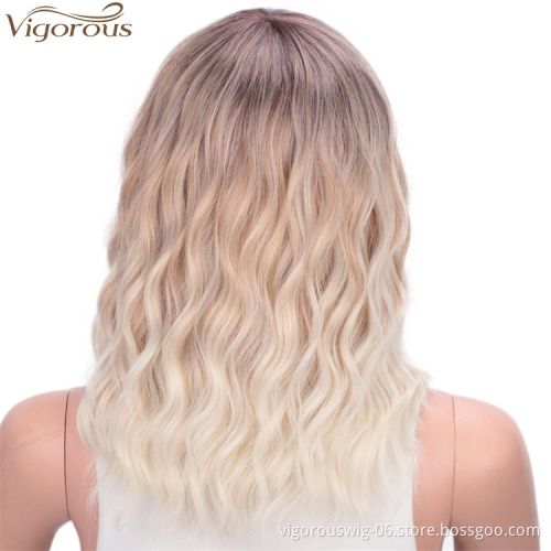 Vigorous Wavy Short Bob with Air Bangs Shoulder Length Curly  Synthetic Cosplay Ombre Blonde Bob Wig for Girl